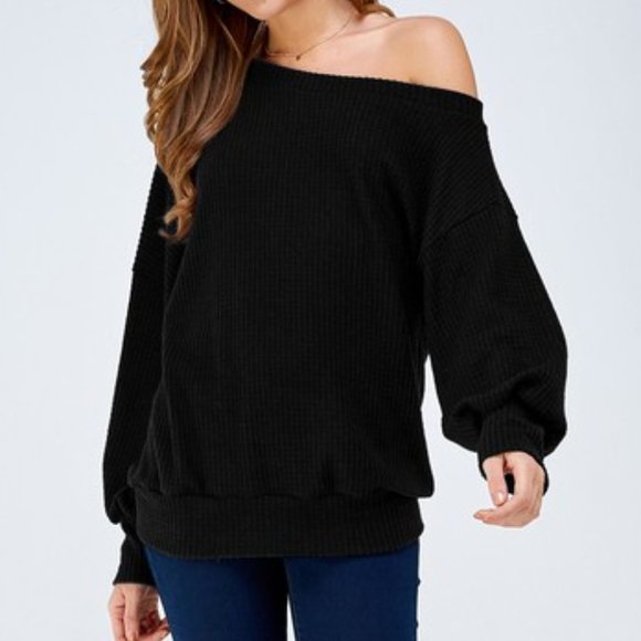 Boutique Tops - Off Shoulder Waffle Knit Popcorn Top